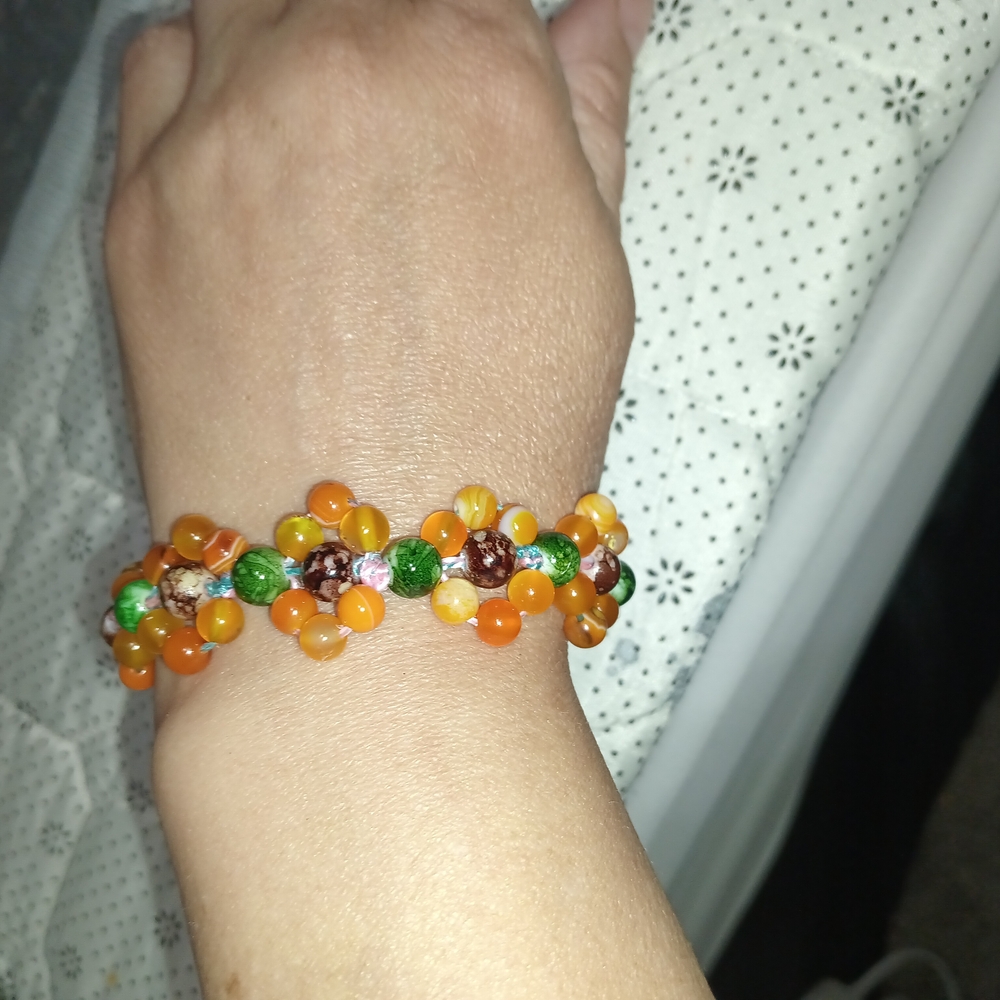 Hand Crafted Orange and Green Beaded Bracelet Plus Free Keychain